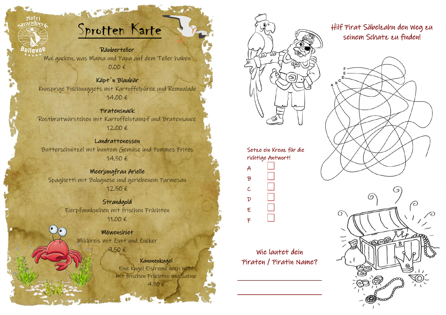 Vollständige Sprotten-Kinderkarte mit Gerichten und Piratenspiel